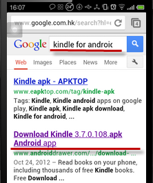 search kindle on android device browser